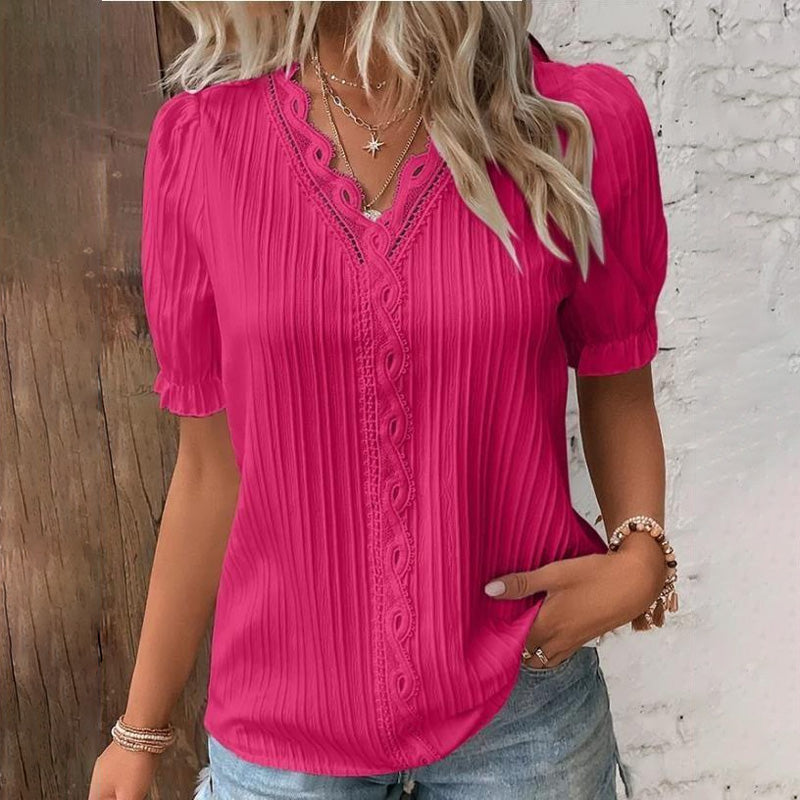 Lässiges Damen-Shirt mit hohlem V-Ausschnitt und kurzen Ärmeln