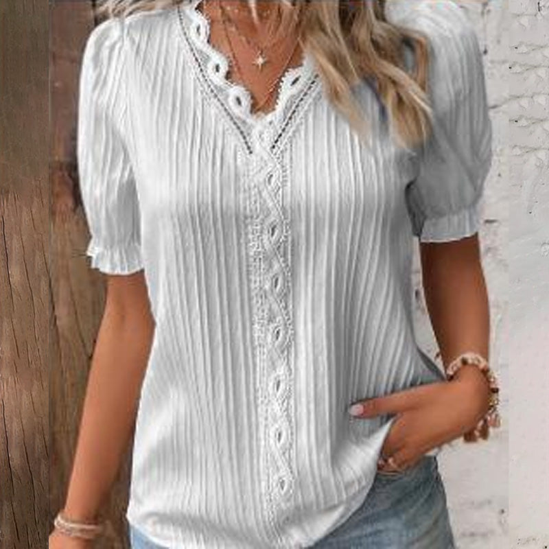 Lässiges Damen-Shirt mit hohlem V-Ausschnitt und kurzen Ärmeln