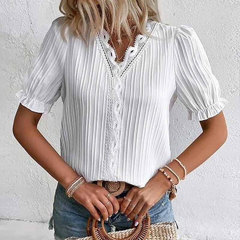 Lässiges Damen-Shirt mit hohlem V-Ausschnitt und kurzen Ärmeln