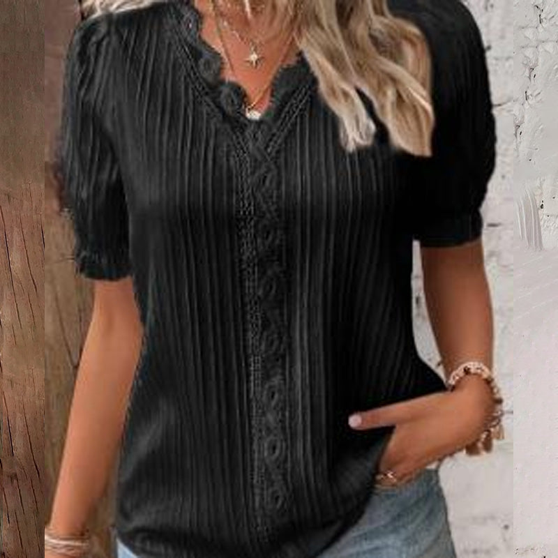 Lässiges Damen-Shirt mit hohlem V-Ausschnitt und kurzen Ärmeln