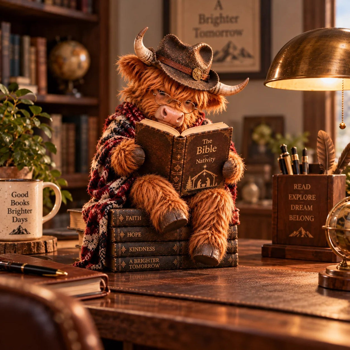 🐮 Hochlandrind-Weihnachtskrippenfigur mit Bibel | Buchiges christliches Weihnachtsdekor für Regale, Schreibtische & bedeutungsvolle Geschenke 🎄