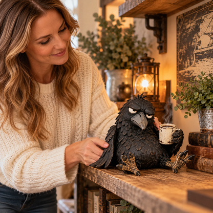 😠☕ Mürrische Kaffee-Raben-Figur – „Noch nicht“ Lustige Morgen-Deko 🐦‍⬛