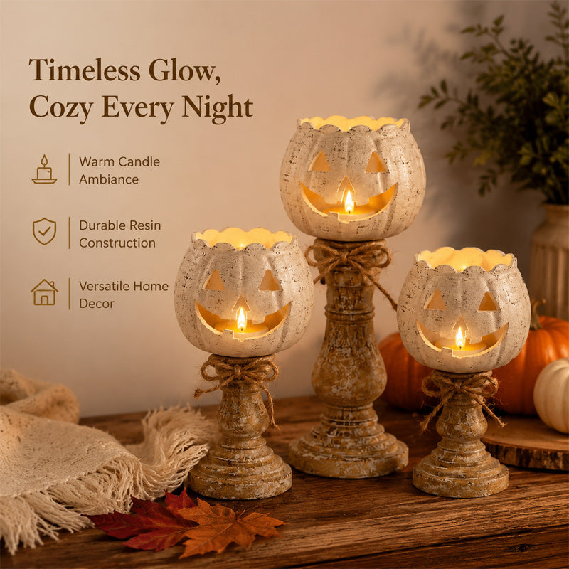 🎃 Cute Pumpkin Candle Holder: Rustic Pedestal Jack-O'-Lantern Decor! 🕯️