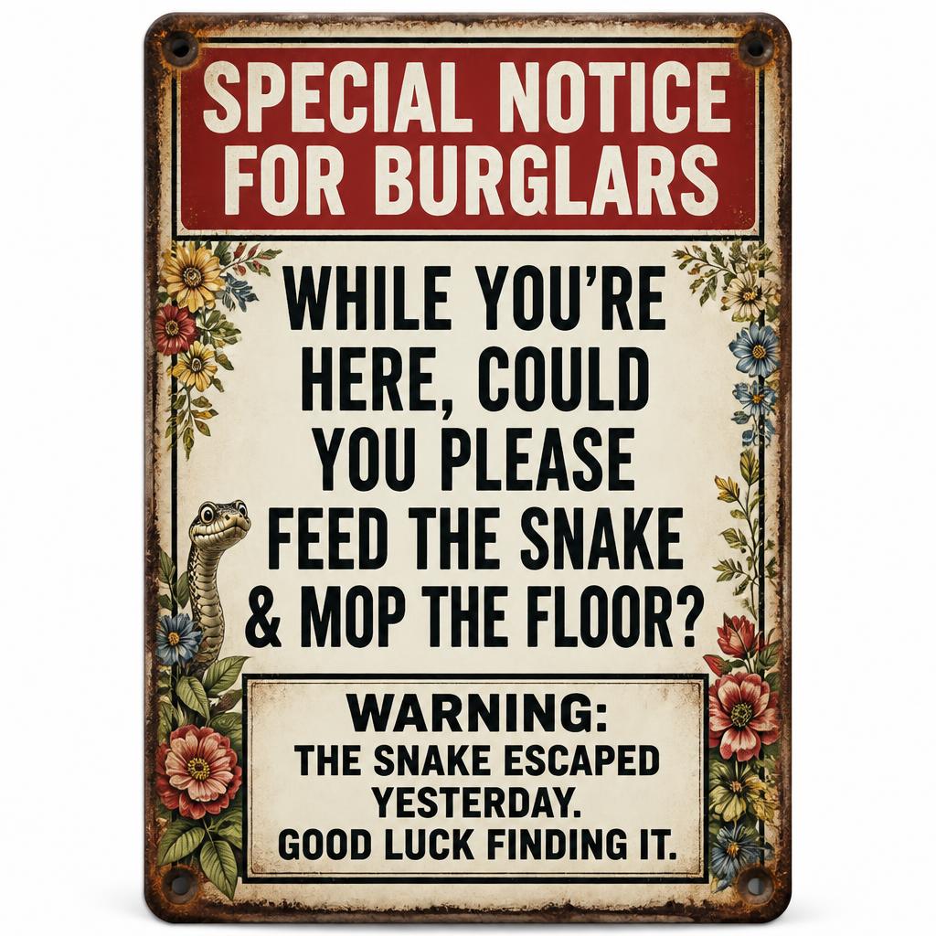 ✈️ Bereit für den Urlaub? Lustiges Schlange Metal Schild — Psychologische Einbrecher-Abschreckung für Veranda & Garten 🔒