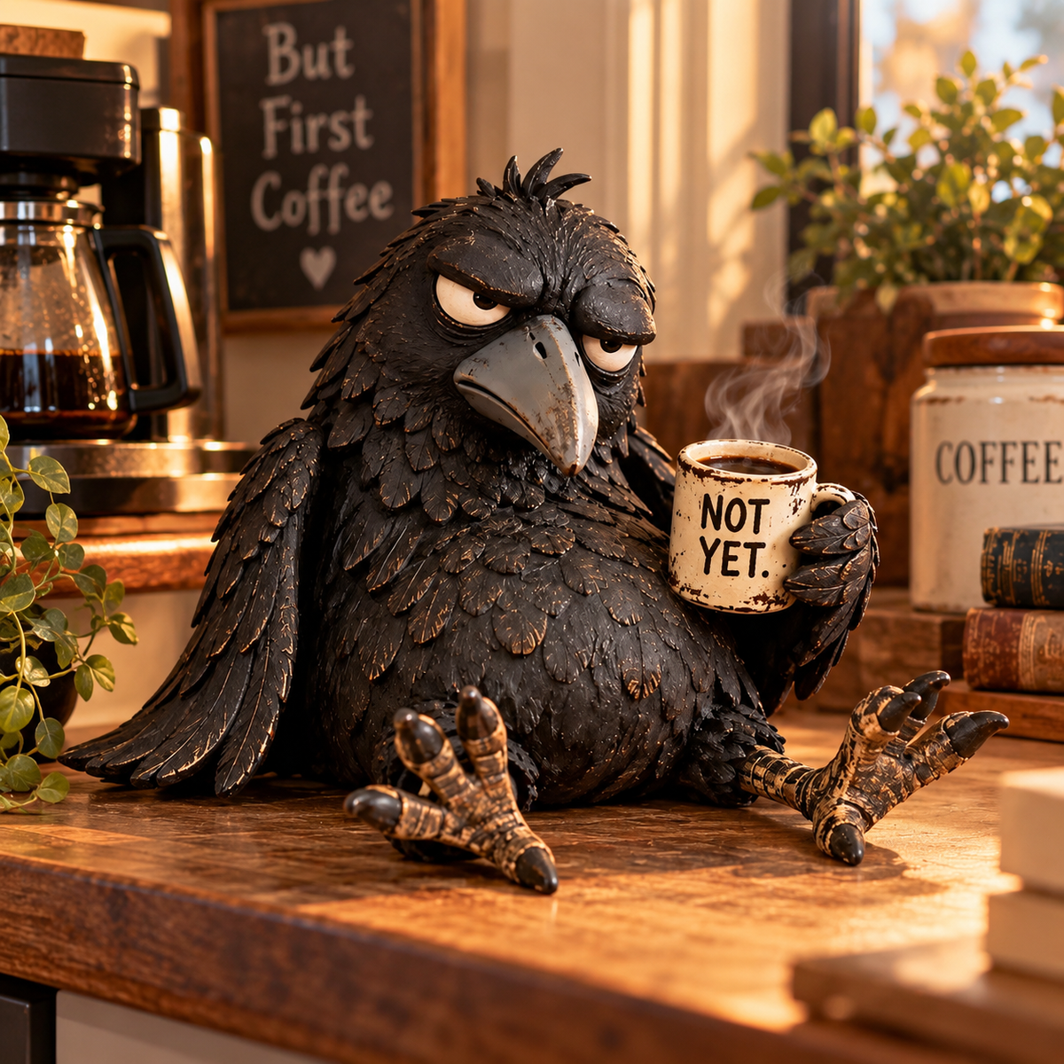 😠☕ Mürrische Kaffee-Raben-Figur – „Noch nicht“ Lustige Morgen-Deko 🐦‍⬛