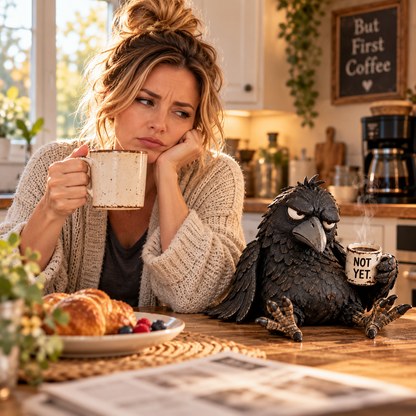 😠☕ Mürrische Kaffee-Raben-Figur – „Noch nicht“ Lustige Morgen-Deko 🐦‍⬛
