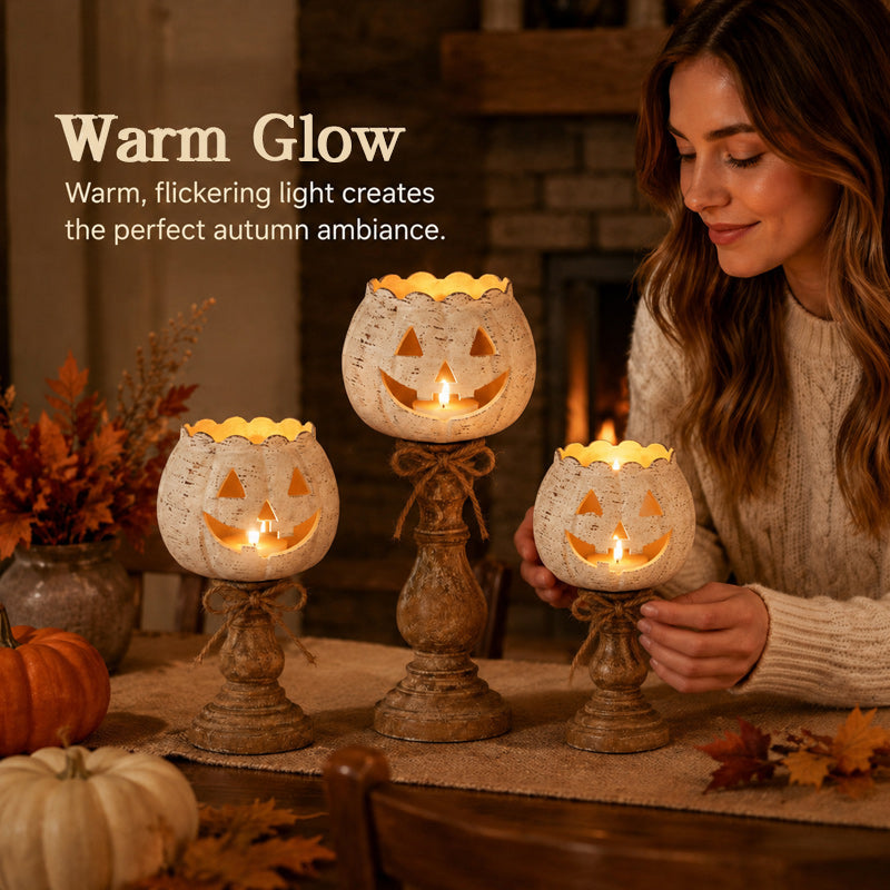 🎃 Cute Pumpkin Candle Holder: Rustic Pedestal Jack-O'-Lantern Decor! 🕯️