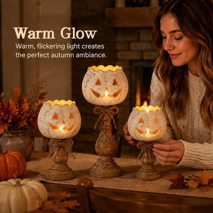 🎃 Cute Pumpkin Candle Holder: Rustic Pedestal Jack-O'-Lantern Decor! 🕯️