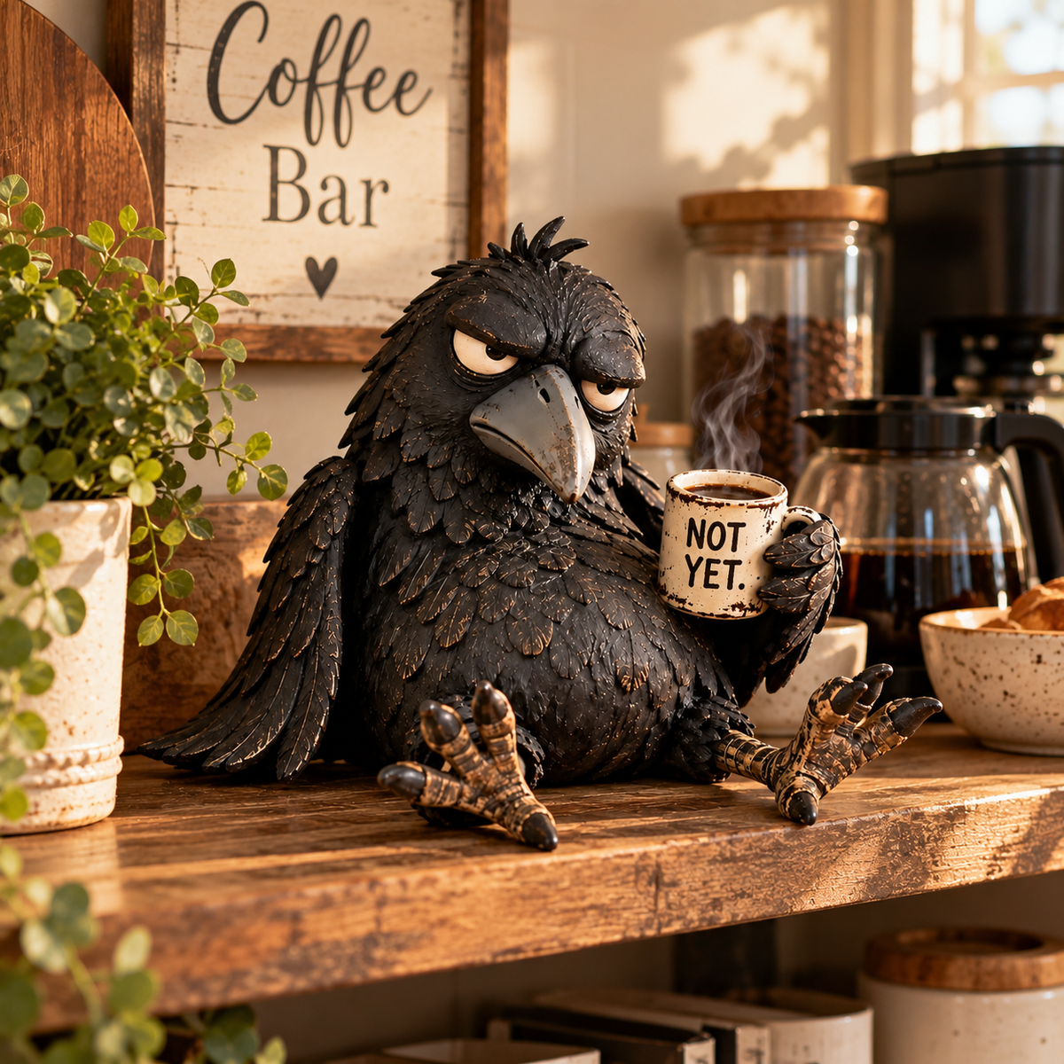 😠☕ Mürrische Kaffee-Raben-Figur – „Noch nicht“ Lustige Morgen-Deko 🐦‍⬛
