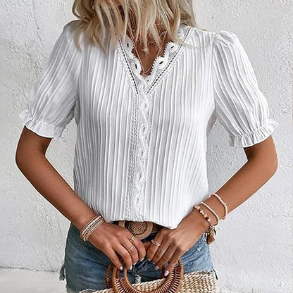 Lässiges Damen-Shirt mit hohlem V-Ausschnitt und kurzen Ärmeln
