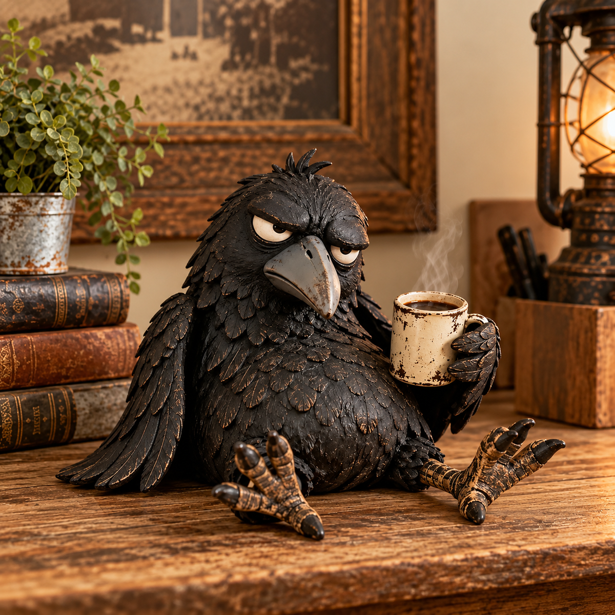 😠☕ Mürrische Kaffee-Raben-Figur – „Noch nicht“ Lustige Morgen-Deko 🐦‍⬛