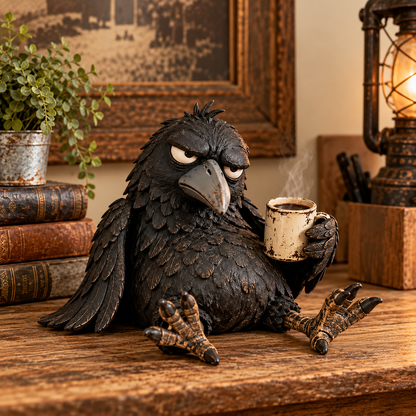 😠☕ Mürrische Kaffee-Raben-Figur – „Noch nicht“ Lustige Morgen-Deko 🐦‍⬛