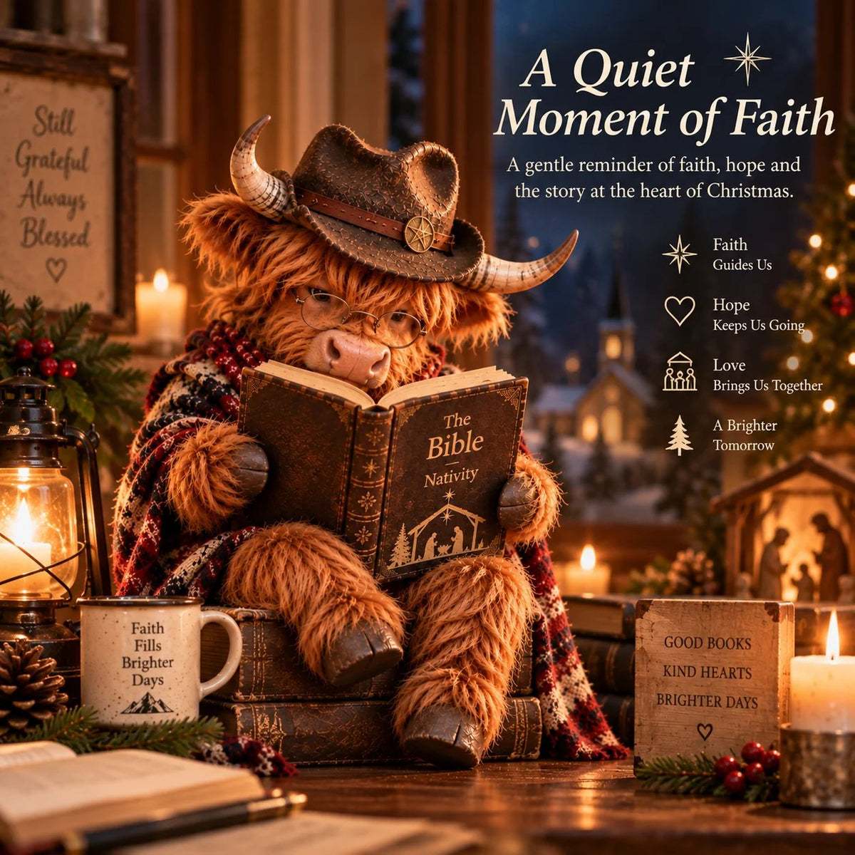 🐮 Hochlandrind-Weihnachtskrippenfigur mit Bibel | Buchiges christliches Weihnachtsdekor für Regale, Schreibtische & bedeutungsvolle Geschenke 🎄