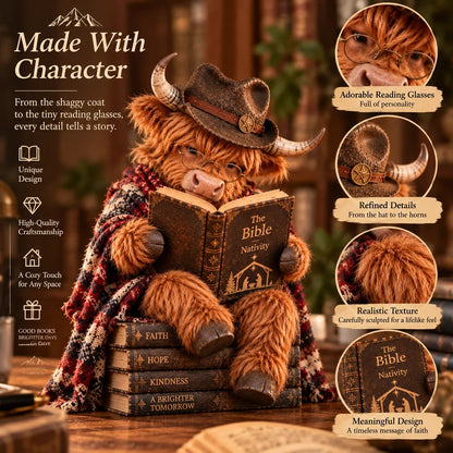 🐮 Hochlandrind-Weihnachtskrippenfigur mit Bibel | Buchiges christliches Weihnachtsdekor für Regale, Schreibtische & bedeutungsvolle Geschenke 🎄