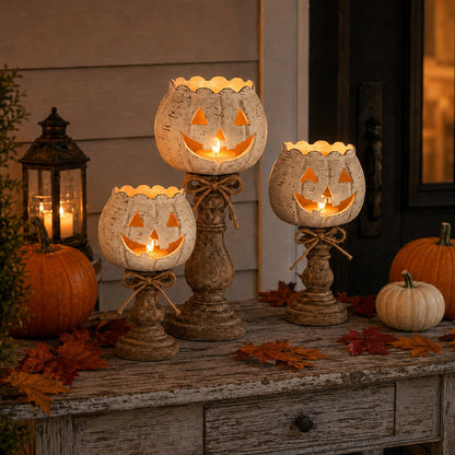 🎃 Cute Pumpkin Candle Holder: Rustic Pedestal Jack-O'-Lantern Decor! 🕯️