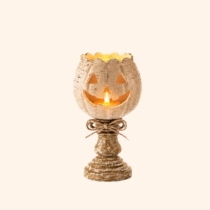 🎃 Cute Pumpkin Candle Holder: Rustic Pedestal Jack-O'-Lantern Decor! 🕯️