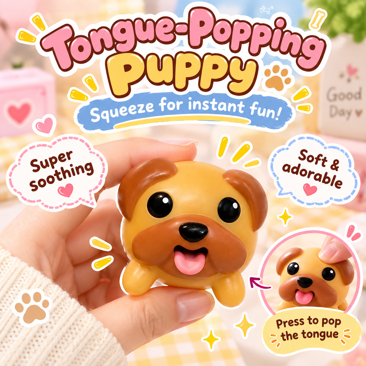 🐶 Welpen-Druckspielzeug mit herausgestreckter Zunge – Niedlicher Fidget-Begleiter für unterwegs 🐾