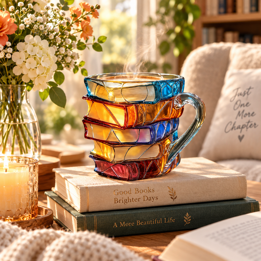 📚 Handbemalte 3D-Buchstapel-Glastasse – Gemütliches Geschenk für Leseratten, nur noch 7 Stück ☕