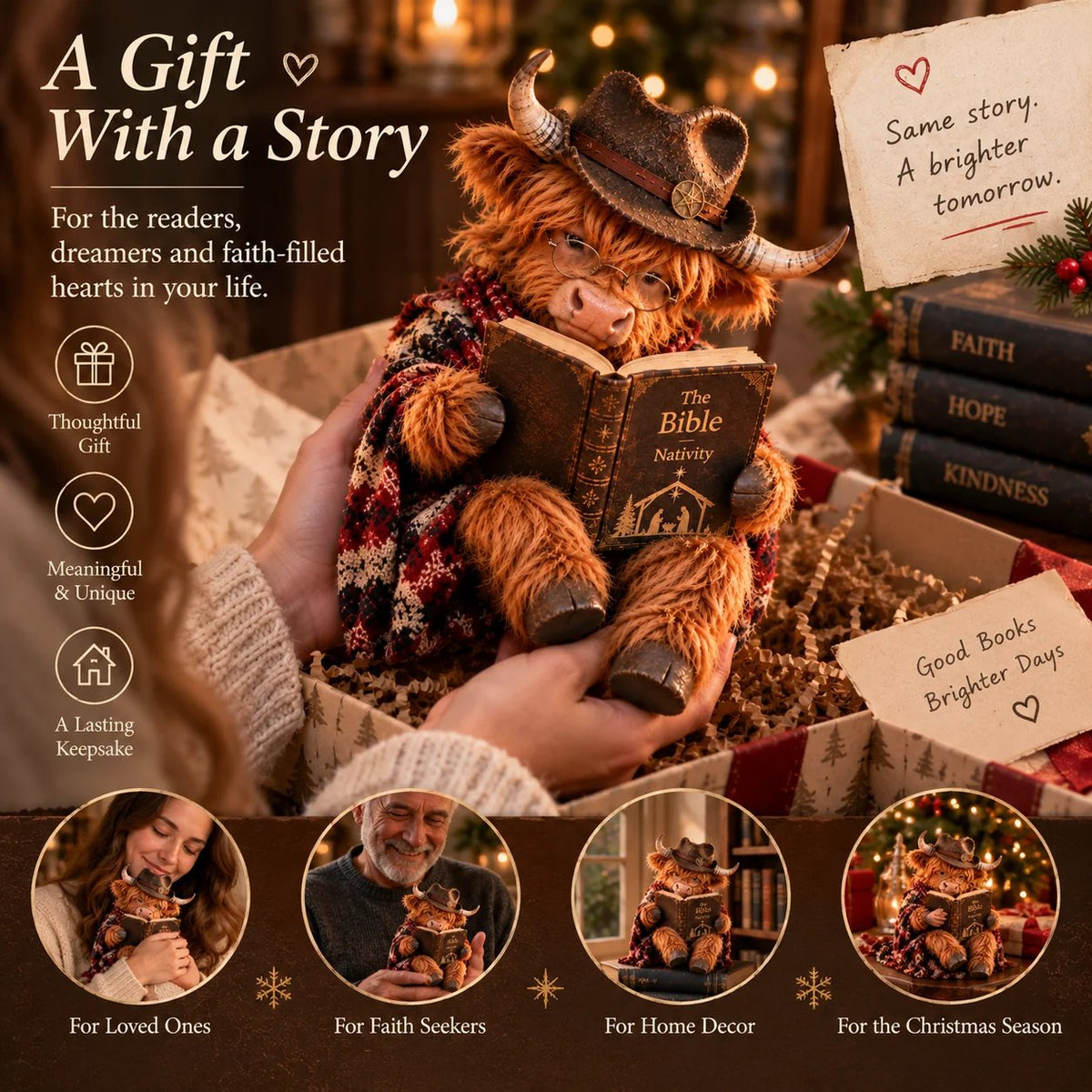 🐮 Hochlandrind-Weihnachtskrippenfigur mit Bibel | Buchiges christliches Weihnachtsdekor für Regale, Schreibtische & bedeutungsvolle Geschenke 🎄