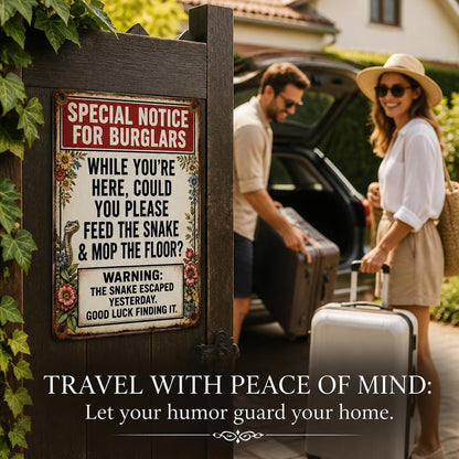 ✈️ Bereit für den Urlaub? Lustiges Schlange Metal Schild — Psychologische Einbrecher-Abschreckung für Veranda & Garten 🔒